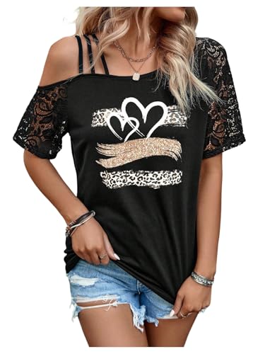 SweatyRocks Women's Cold Shoulder Asymmetrical Tops Cut Out Animal Print Floral Lace Graphic T Shirt