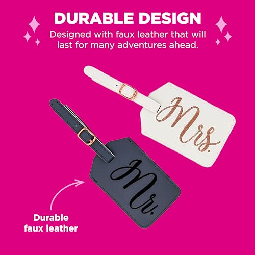 Miamica Mrs. & Mr. Luggage Tags – Set of 2 Faux Leather Suitcase Tags with Sturdy Buckle Straps – 6.85" x 3" Each – Cute Honeymoon, Bachelorette, Engagement Gifts2