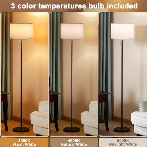 Image of Ambimall Floor Lamps for Living Room with 3 Color Temperatures Bulb & Pull Chain Switch, 60 inch Modern Standing Floor Lamp for Bedroom Kids Room Study Room（Grey Shade & Black Pole）