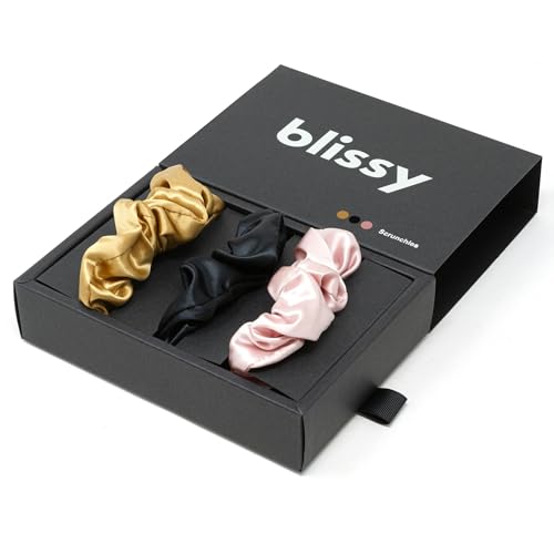 Image of Blissy Silk Scrunchies (3 Pack) - 100% Pure Mulberry Silk - 22 Momme 6A High-Grade Fibers Scrunchie for Straight & Curly Hair (Black /Gold /Pink, Regular)