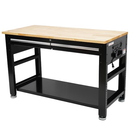 KIKAIYA 業務用 作業台 472kg W1322×D624×H850～1100mm コンセント付き ワークテーブル 引出し USB 無垢集成材天板 ブルックリンスタイル KSD-5