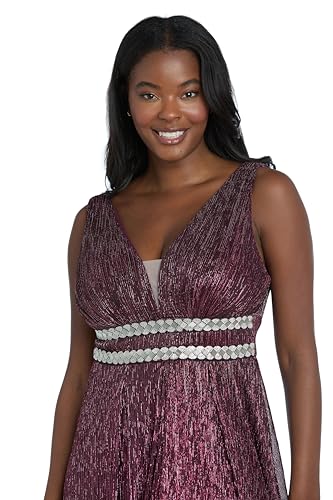 Image of R&M Richards Women's Pleated Maxi Dress W /Illusion V-Neck, Embellished Waistband & Front Slit - Party & Cocktail Gown