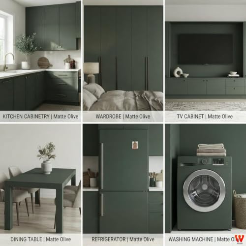 Image of WISDOM Olive Green Matte Self Adhesive Wallpaper for Furniture & Cabinets Peel and Stick Waterproof Easy to Clean & Durable For Kitchen Cabinets, Wardrobes, Tables, Drawers & Smooth Surfaces(20x48 In)