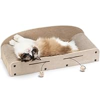 FUKUMARU Kratzbrett Katzen, 66CM langlebiges Kratzpappe und Filz, große Liege, 2 wendbare Katzenkratzpads für Katzen, recycelbares Katzenkratzbett aus Wellpappe mit Glockenballspielzeug, Beige