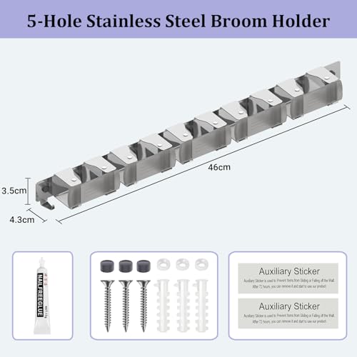 Oamwrae 5 Schlitzen Besenhalterung Wand mit 2 Haken, Besenhalter aus Edelstahl, Robuster Wandhalterung Besen für Badezimmer, Küche, Schrank, Garten und Garage, Werkzeugaufbewahrung, Silber