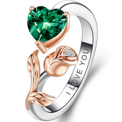 1CT Rose Heart Adjustable Ring 6.5~8 Emerald Ring Emerald VVS1 D Clarity 18K White/Rose Gold Gift for Wife Mother Daughter Birthday Wedding Engagement Christmas Anniversary Mothers Day Gift for Mom Bride
