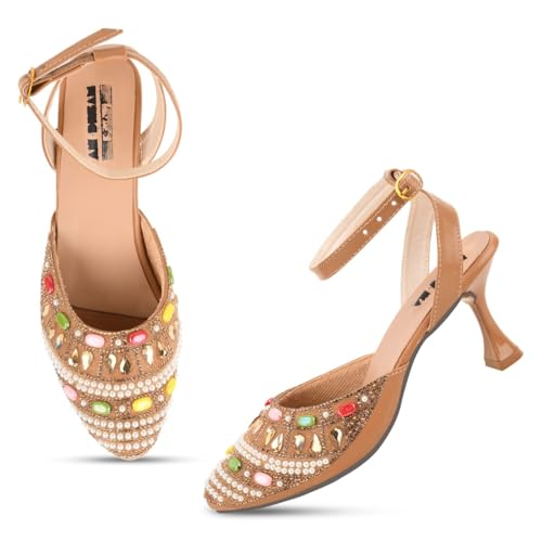 Image of Women's Embellished Pearl and Crystal Kitten Heel Sandals, Mint Green, Ankle Strap, Pointed
