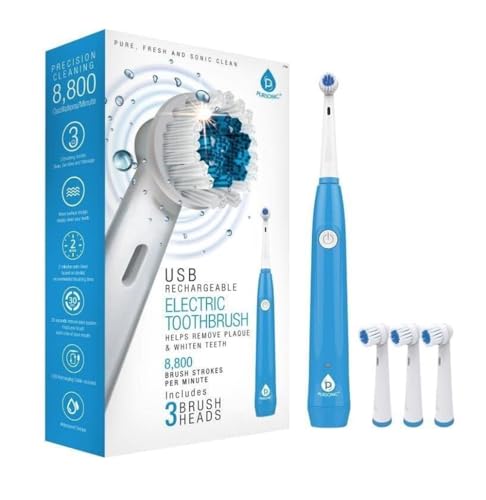 Pursonic Rotating Electric Toothbrush for Adults with 3 Brush Heads - Toothbrush Electric with 3 Cleaning Modes - USB Rechargeable Toothbrush with 2 Minute Smart Timer (White)