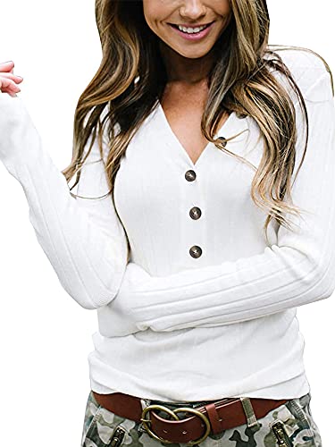 MEROKEETY Women's Long Sleeve V Neck Ribbed Button Knit Sweater Solid Color Tops White
