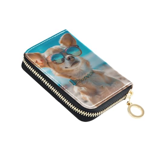 Credit Card Holder Wallet RFID Blocking Zipper Card Cases Chihuahua Dog Leather Slim Small for Women Men