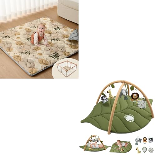 Image of 50x50 Playpen Mat Earth Tones Design + Green Leaf Baby Play Gym Mat