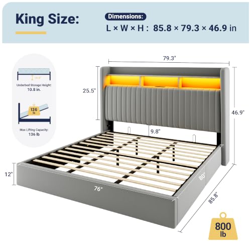 Image of Allewie King Size Lift Up Storage LED Bed Frame, Charging Station, Grey