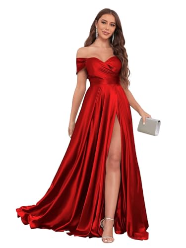 Image of JKMMYO Satin Bridesmaid Dresses for Women Off The Shoulder Pleated Long Formal Evening Dress