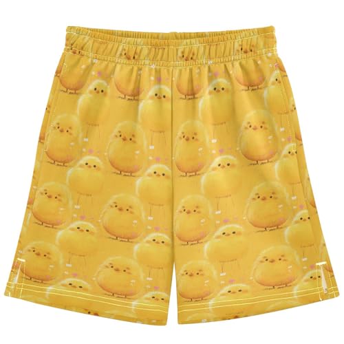 Boys Athletic Shorts with Pockets Yellow Chick Drawn Running Basketball Shorts for Youth Elastic Waist Size 7-8