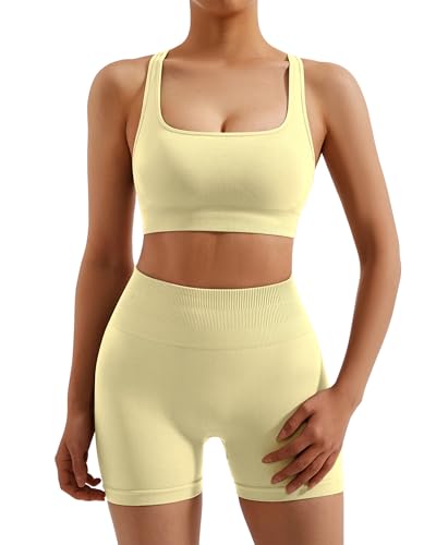 RXRXCOCO Seamless Workout Sets for Women 2 Piece Strappy Sports Bras Scrunch Butt Booty Shorts Matching Yoga Outfits Yellow Large — view 2
