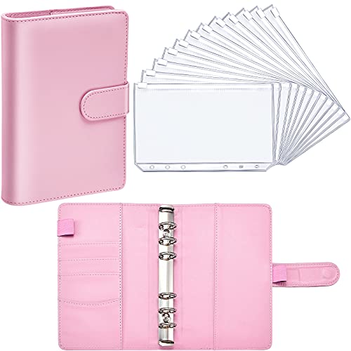 PU Leather Notebook Binder Budget Planner Binder Cover with 12 Pieces Binder Pocket Personal Cash Budget Envelopes System 6 Hole Binder Zipper Folder (Pink Cover with Clear Sheet,A6)