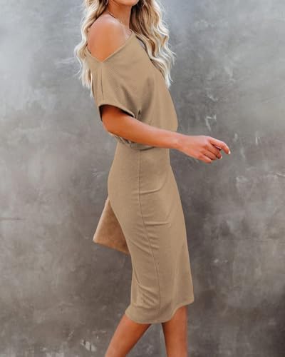 Image of EZBELLE Women's Summer Dress Off The Shoulder Short Sleeve Ribbed Casual Party Bodycon Midi Dresses