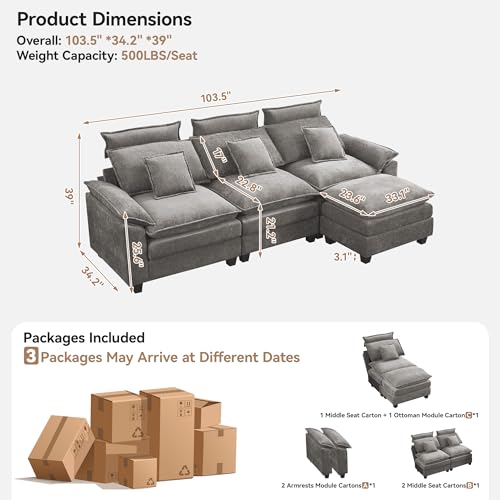 Image of 103'' Cloud Modern 3 Seater Couch with Detachable Headrest, Modular Sectional Sofa with Ottoman, Oversized L Shape Chenille Comfy Sofa with Armrests for Living Room, Light Grey