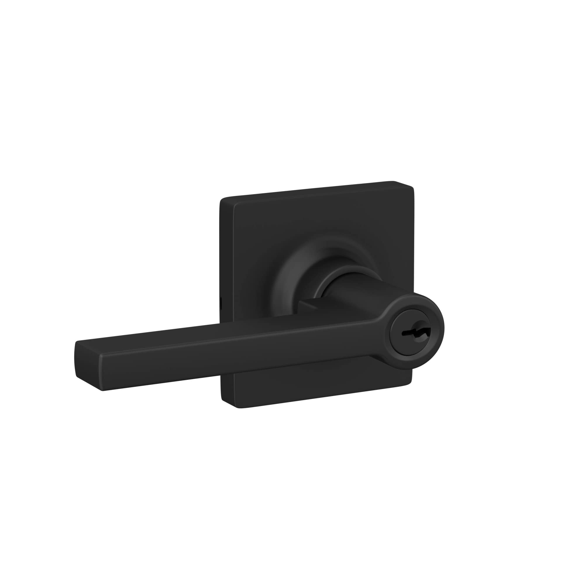 Straight Lever with Square Trim Keyed Entry Door Handle, Matte Black Finish