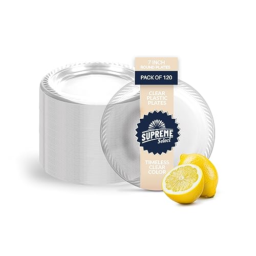 Supreme Select Clear Disposable Plastic Plates [Set of 120 | 7-inch Plates] Elegant Party Dinner Plates-Microwave Safe Plastic Dish Set- Sturdy Rimmed Plates For Weddings Parties Kitchen Use