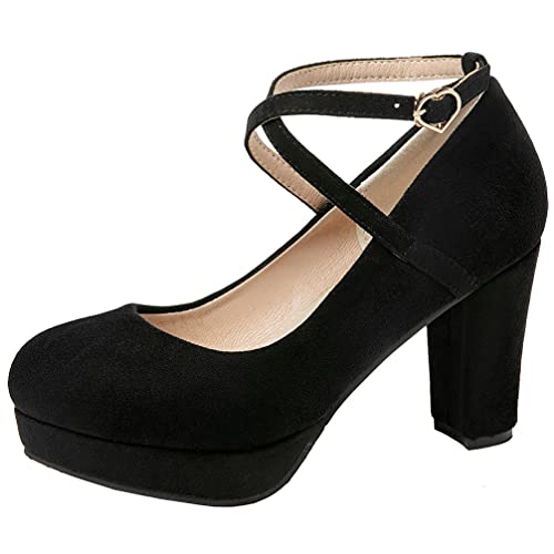 KOKOMOMO Womens Chunky High Heel Platform Round Toe Ankle Strap Pumps