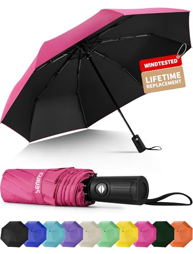 Seniny Windproof Travel Umbrella, Automatic Umbrellas for Rain, Portable & Compact Umbrellas for Backpack, Strong UV for Protection, Folding Small Sun Umbrella for Car, Walking, Pink