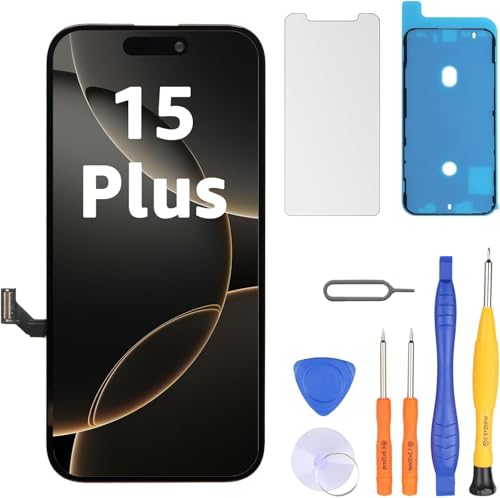 LL TRADER Screen Replacement for iPhone 15 Plus 6.7 LCD Retina FHD Display COF Touch Screen Digitizer with Repair Tool Kits Waterproof Tape Screen Protector (Truetone programable)