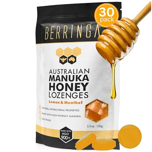 Berringa Australian Super Manuka Honey Lozenges Certified MGO 900+ 30 Pack Lollies, Natural Soothing Honey Candy, Throat & Cough Relief, Genuine Antibacterial Thoothers Drops 150g (30-Pack, Lemon & Menthol)