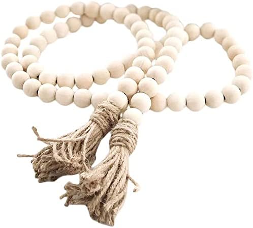 Sivya 58in Farmhouse Beads Wood Bead Garland with Tassels, Rustic Farmhouse Decor for Farmhouse Tiered Tray Farmhouse Wall Decor (Natural Wood, 58in/1Pcs)