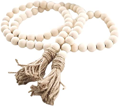 Sivya 58in Farmhouse Beads Wood Bead Garland with Tassels, Rustic Farmhouse Decor for Farmhouse Tiered Tray Farmhouse Wall Decor (Natural Wood, 58in 1Pcs)