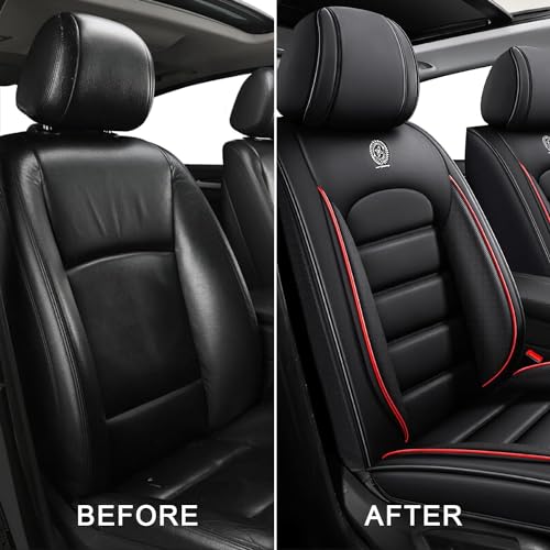 Image of Front Seat Covers for Volkswagen Golf SportWagen 2015-2019, Black-Red | Premium Leather, waterproof full coverage, non-slip and scratch-resistant, front-seat protection for daily commuting
