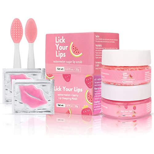 Lip Care Kit Gift Set-4 in 1 Lip Therapy Set with Lip Sleeping Mask Lip Scrub Brush Lip Sugar Scrub and Collagen Lip Mask Sheet Lip Care Products-Lip Scrubs Exfoliator & Moisturizer for Cracked, Chapped, Dry Lip Treatment-Lip Plumping Lip Lightening 
