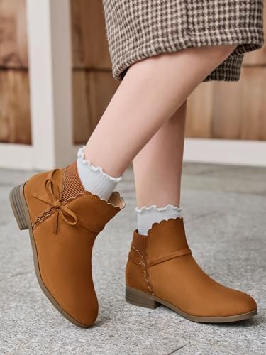 Coutgo Girls Toddler Bow Ankle Boots Pull On Low Chunky Heel Fall Dress Booties Shoes3