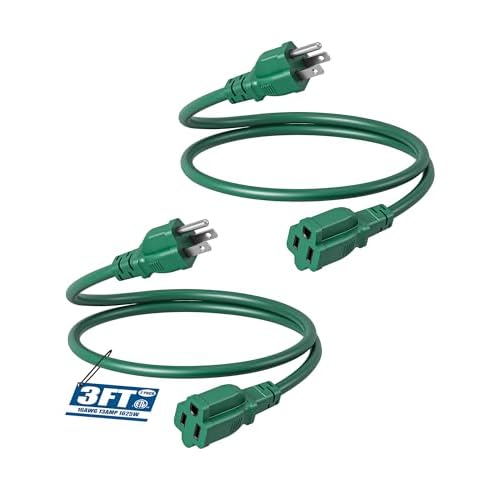 DEWENWILS 2-Pack Extension Cord 3 Ft, Indoor Outdoor, 16/3 AWG SJTW, Durable & Waterproof, 3 Prong Extension Cord for Lighting, 13A 125V, ETL Listed, Green 3 feet 16AWG-2 Pack Green
