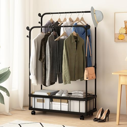 Image of Story@Home Heavy-Duty Double Rod Metal Garment Rack for Clothes with Wheels, Bottom Storage Shelf & 4 Side Hooks | Freestanding Clothes Stand for Bedroom, Entryway, Living Room - Black