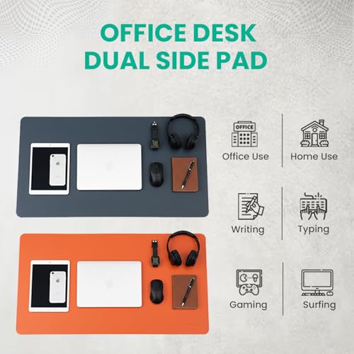 Image of Reversible Desk Mat 90x45 CM - Large Vegan Leather Office Desk Pad | Mouse Pad for Work from Home & Office | Anti-Slip Leather | Waterproof, Splash-Proof Desk Accessories (Sky Blue & Orange)