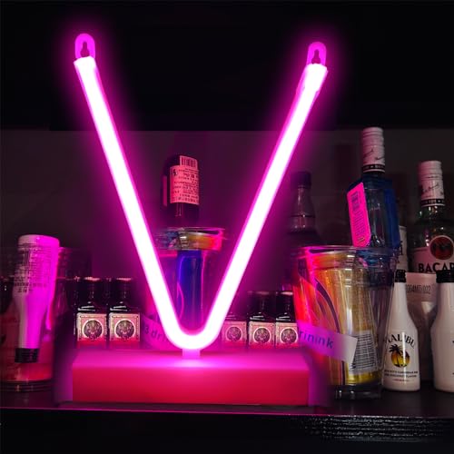 Image of V Letter Pink Neon Signs Led Neon Light up Decorative Art Lights Battery /USB Operated for Home Shop Bar Baby Shower Birthday Wedding Party,Valentine Gifts