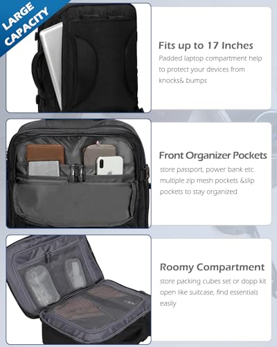 Hynes Eagle 44L Carry on Backpack Airline Approved Travel Backpack for Men Women Large Laptop Backpack 17 inch Nylon Backpack Overnight Weekender Bag Black with Waist Pack Grey2