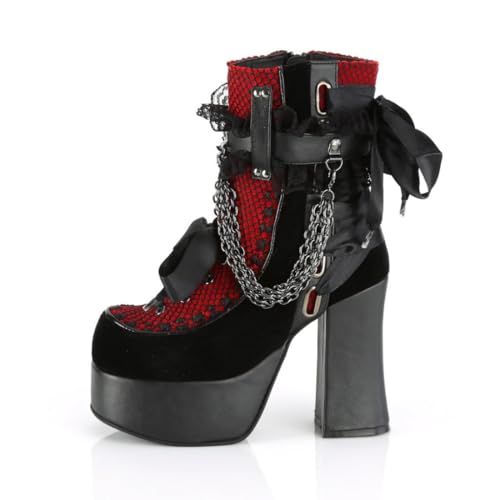 Image of BWGHBH Women Short Heel Boots Gothic Style Chain Lace Up Bow Retro Round Toe Square Chunky Platform Ankle Boot Punk Ladies Party Shoes Red 11