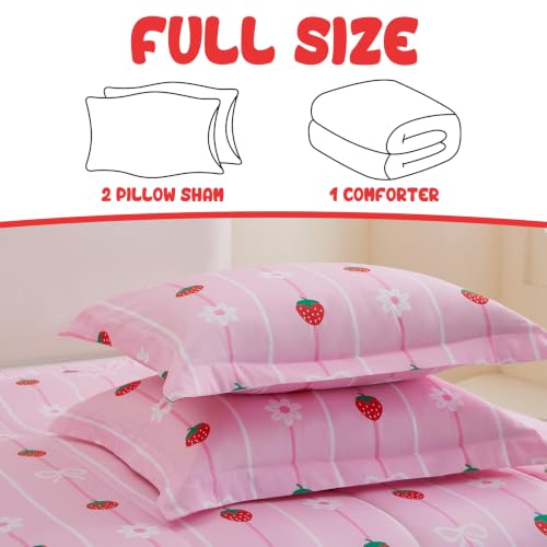 Image of Yibeizi Pink Strawberry Comforter Set for Girls Full Bow Striped Bedding