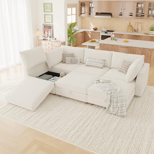 Image of 99 inch Modular Sectional Sleeper Sofa Bed with Storage & Washable Covers, 6-Seater Chenille Modular Sofa Bed with Movable Ottoman Chaise, Convertible Sleeper Sectional Couches for Living Room, Beige