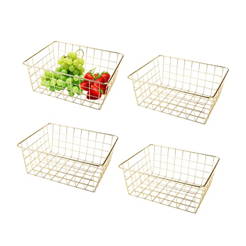 Tonxus 4pcs Wire Kitchen Storage Basket, Farmhouse Pantry Storage Basket Organizer Bins for Shelf, Countertop, Refrigerator, Freezer, Cabinet (Gold)