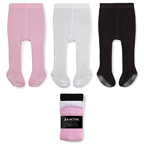 Image of LA ACTIVE Baby Girl Tights Warm Cotton Leggings Tights, Non-Skid Seamless Cable Knit Stockings for 6-12 Months Infant Toddler, Pink & White & Black-3 Pairs