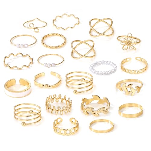 21pcs Gold Stackable Rings Set for Women, Vintage Style Cubic Zirconia Crystal Rings for Everyday Stacking, 925 Sterling Silver Hypoallergenic - SZTTY(Forest Of Flowers)