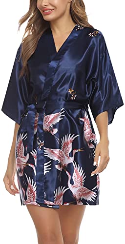 Marvmys Nachthemd Morgenmantel Damen kurz Satin Sexy Negligee Kimono Bademantel Frauen V-Ausschnitt Nachtkleid mit Storch-Muster E-Dunkelblau S Cover