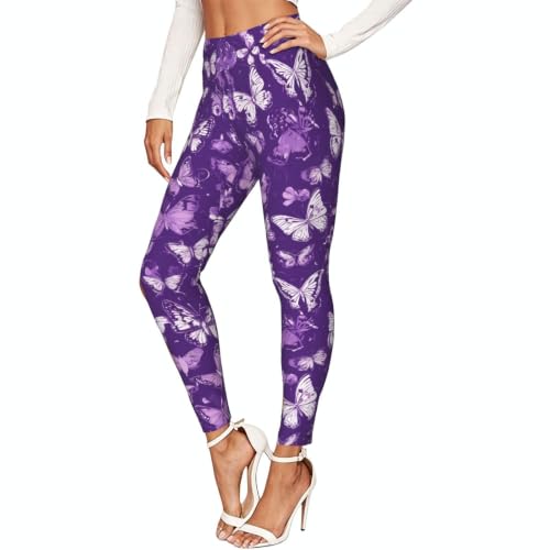 Leggings moradas de mariposas para mujer mallas largas de yoga
