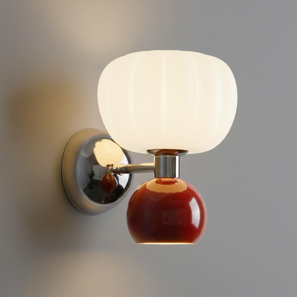 IvyLoutish Modern Nordic Double Globe Wall Sconce, Chromed Metal Base with Frosted Glass & Painted Sphere Wall Light, G9 Hardwired Ambient Lighting Fixture for Bedroom, Living Room, Bedside(Red)