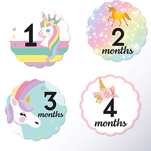 24 Pack Baby Month Stickers and Milestone Stickers by Kenco® - Track Your Baby's First Year Month-by-Month and Holidays! Boys and Girls' Available (Girls Unicorn)