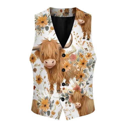 Highland Cow Print Men's Suit Vests Business Formal Dress V-Neck Waistcoat Tops with 2 Pockets4
