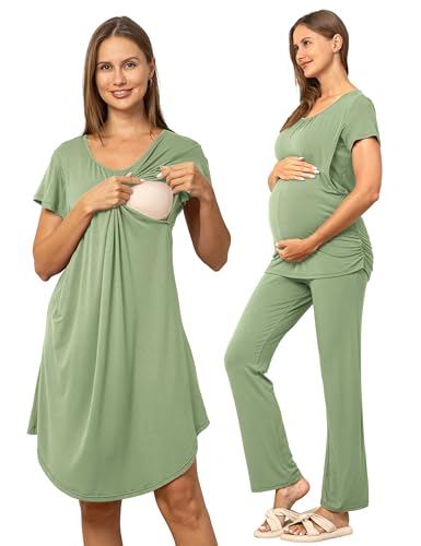 Image of SUNNYBUY Women 3 PCS Maternity Nursing Nightgown Dress & Short Sleeve Breastfeeding Top & Pregnancy Pants Sleepwear Set